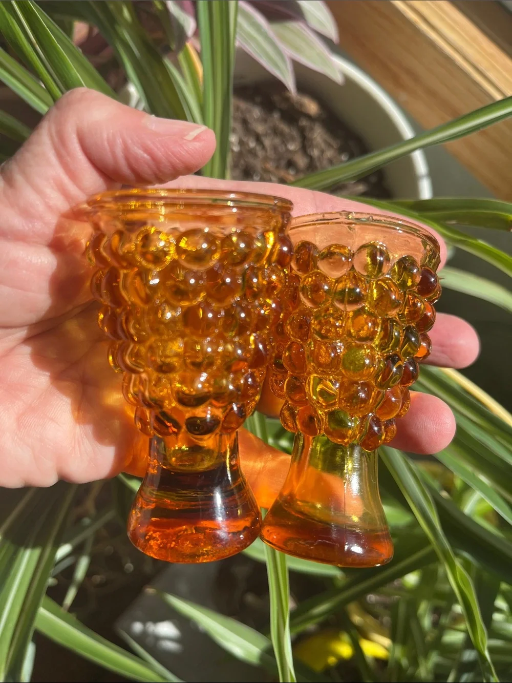 Pair Vtg Amber Glass Hobnail Shot Or Cordial Glasses MCM Bar Taiwan *READ*